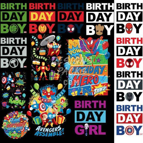 Birthday boy and girl superhero designs for t-shirts, embroidery, and DTG prints with vibrant colors and comic themes.