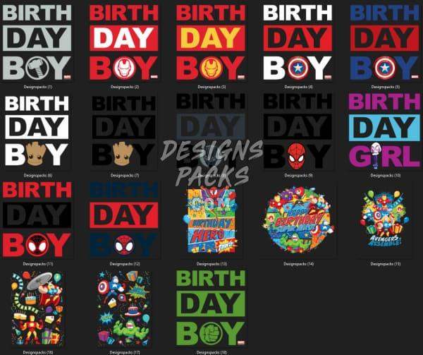 Birthday boy & girl designs with superhero themes, print-ready for DTF, DTG, embroidery, and tumbler wraps.