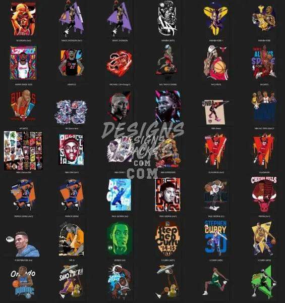 Basketball-themed DTF/DTG designs bundle with NBA players, team logos, and print-ready PNG/SVG files for t-shirts