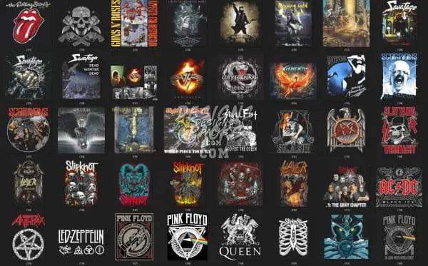 Rock band logos and album art designs for DTF, DTG, embroidery, and tumbler wraps — print-ready PNG, SVG, PES