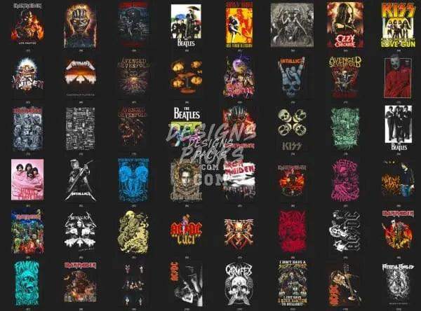 Rock band t-shirt designs bundle for DTF/DTG printing, featuring Metallica, KISS, Iron Maiden, and more