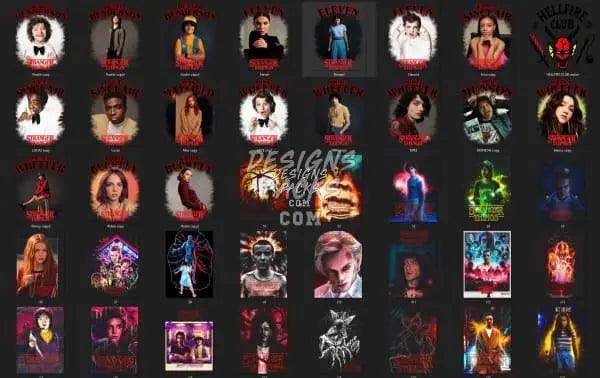 Collection of print-ready DTF/DTG designs featuring characters and vibrant graphics for t-shirts and tumblers.