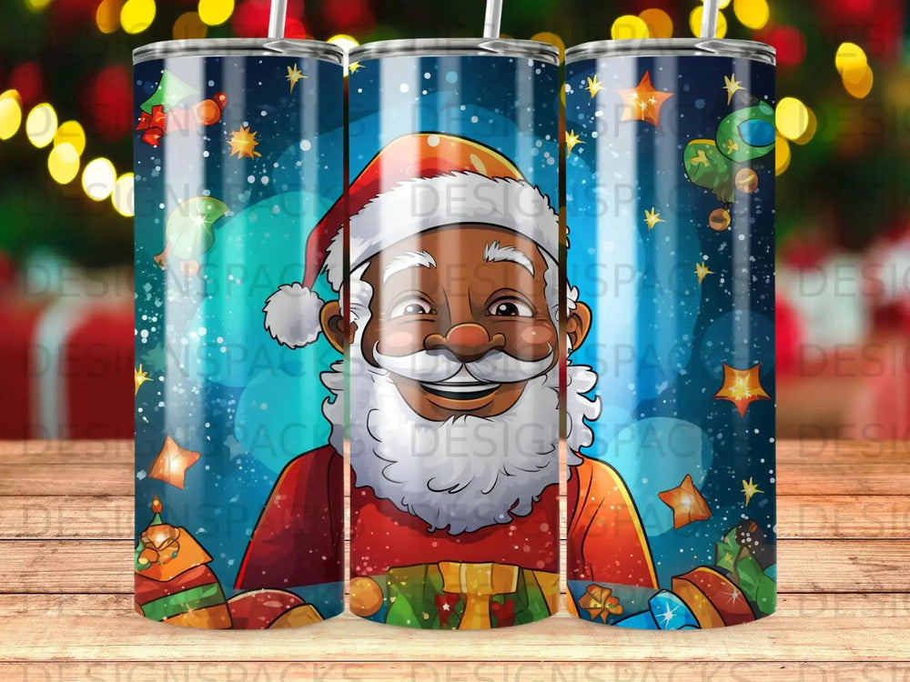 Smiling Santa Claus with a gift-wrapped present on a starry, festive background.