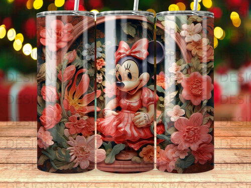Minnie Mouse in a red dress surrounded by a floral design.