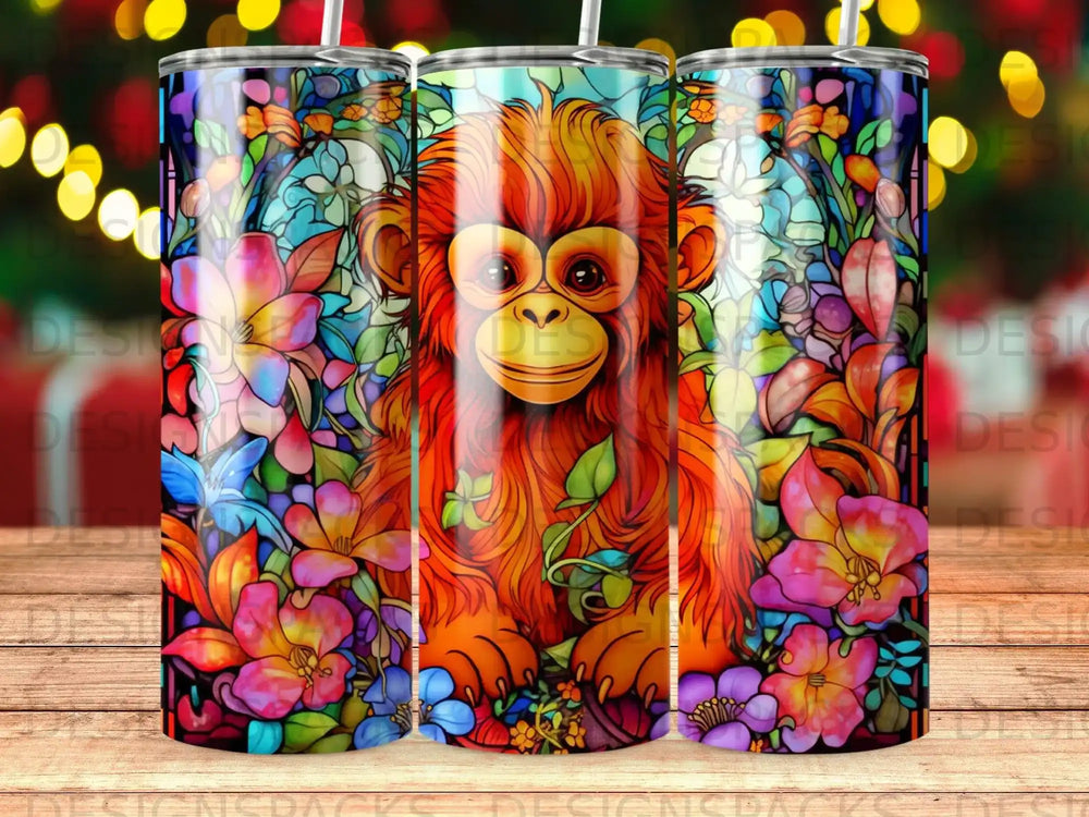Orange orangutan surrounded by vibrant, colorful stained-glass flowers and foliage.