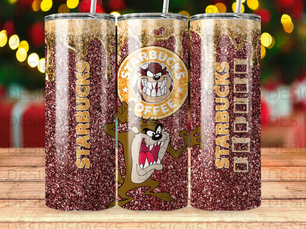 Starbucks tumbler with glitter and the Tasmanian Devil character.