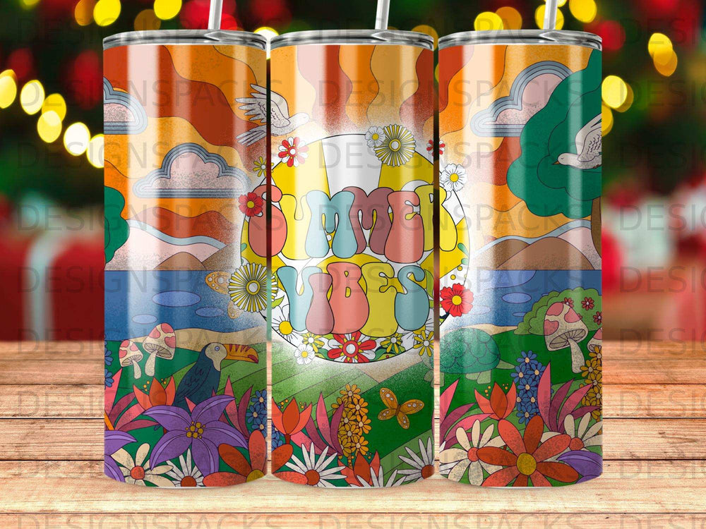 Retro psychedelic floral pattern with "Summer Vibes" text.