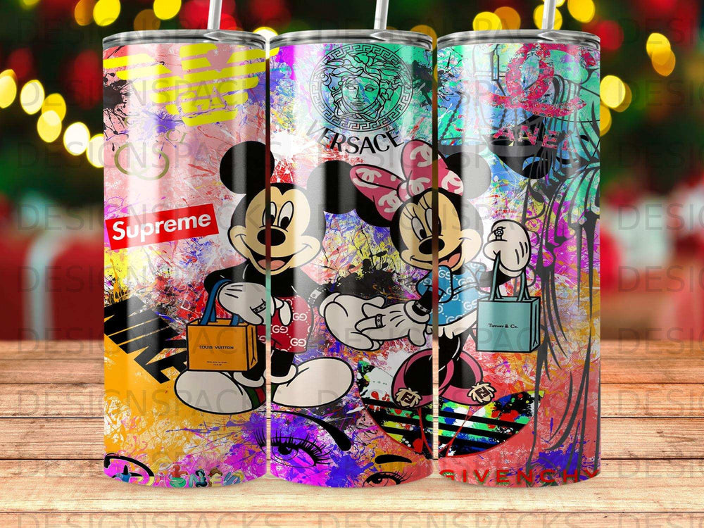 Mickey and Minnie with designer bags, logos include Versace and Louis Vuitton.
