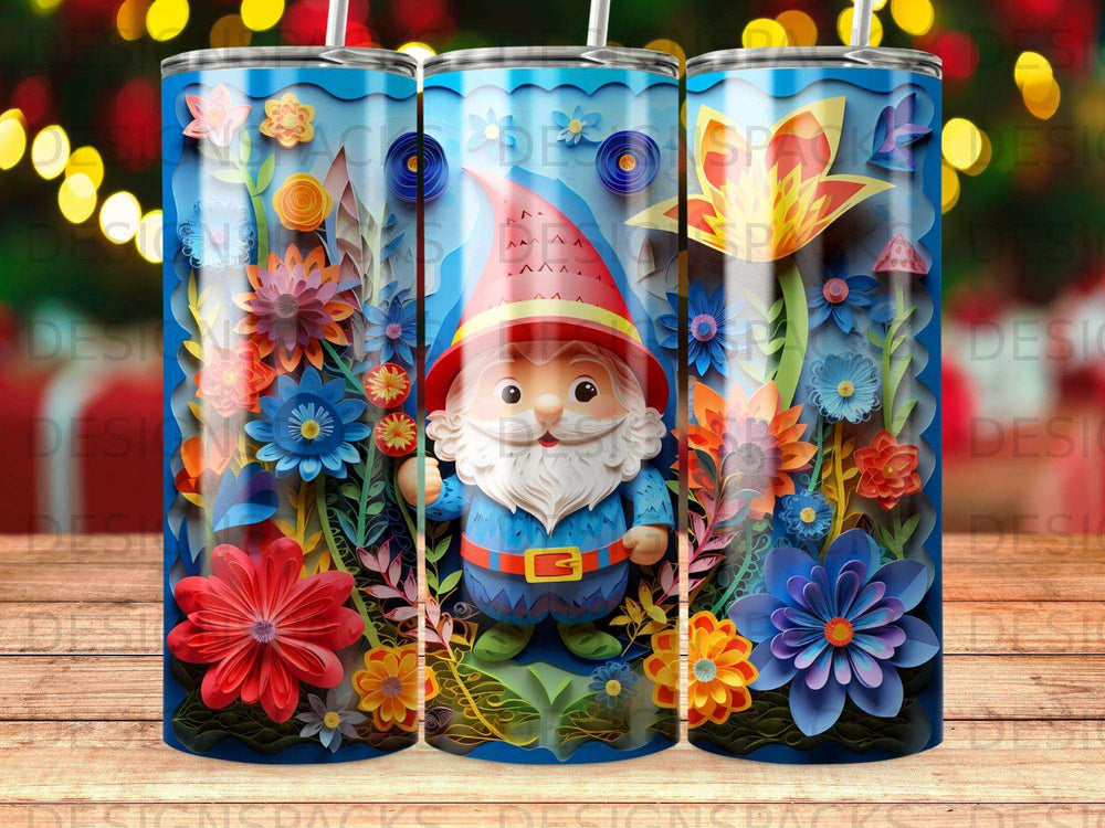 Gnome with flowers and blue background on a patterned tumbler.