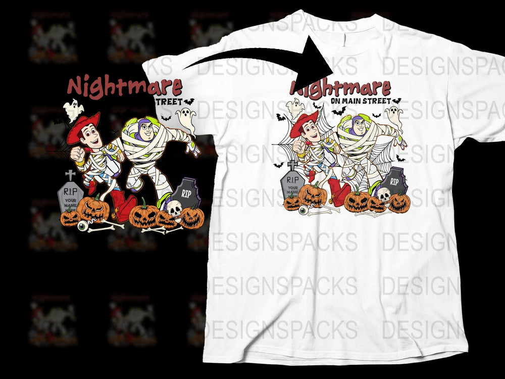 Nightmare on Main Street Halloween T-Shirt, Spooky Cartoon Characters, Kids Adults Casual Wear