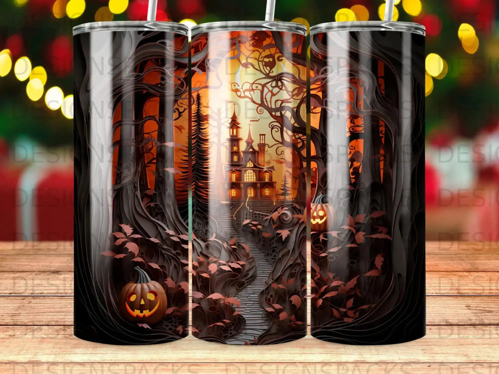 Halloween scene with spooky castle, pumpkins, and trees on a tumbler.