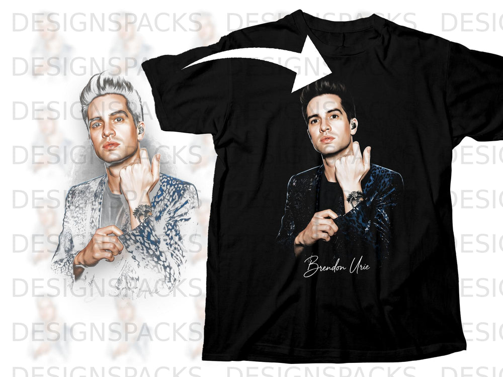 Black t-shirt with a printed illustration of Brendon Urie and his signature.