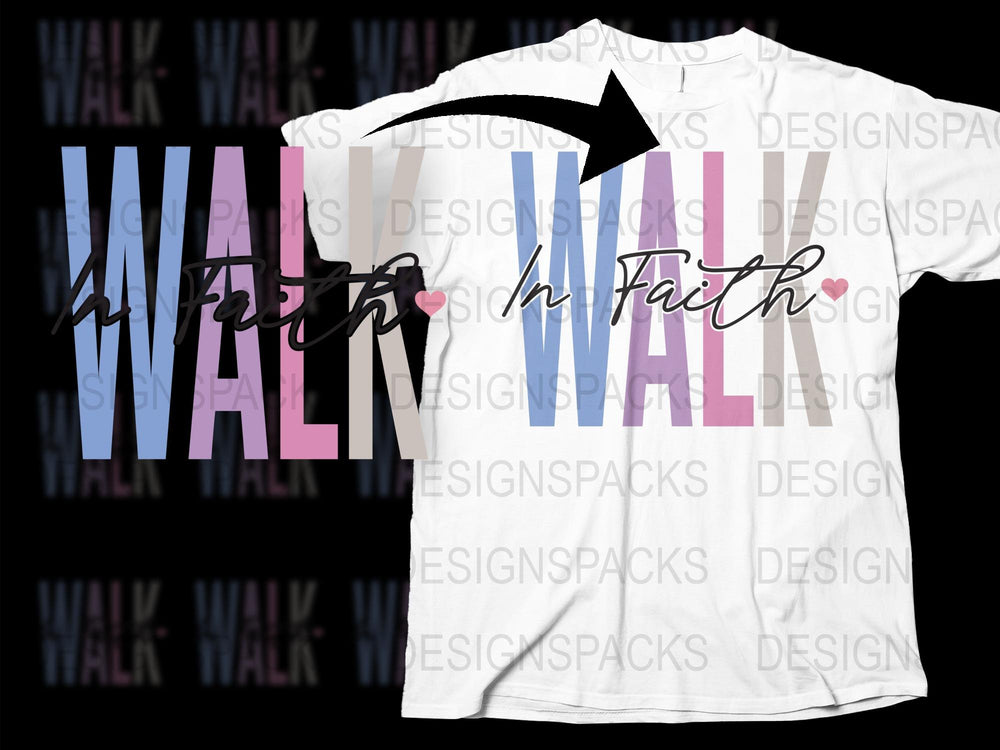 Walk In Faith T-Shirt, Inspirational Christian Tee, Pink Blue Black Script, Religious Gift Idea