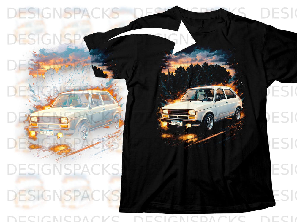Black t-shirt with a white car on a road at sunset.