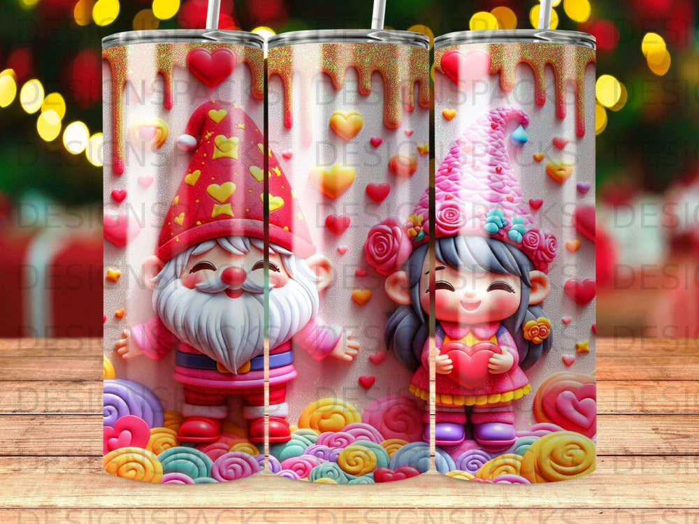 Cute gnomes with hearts and candy decorations on tumblers.