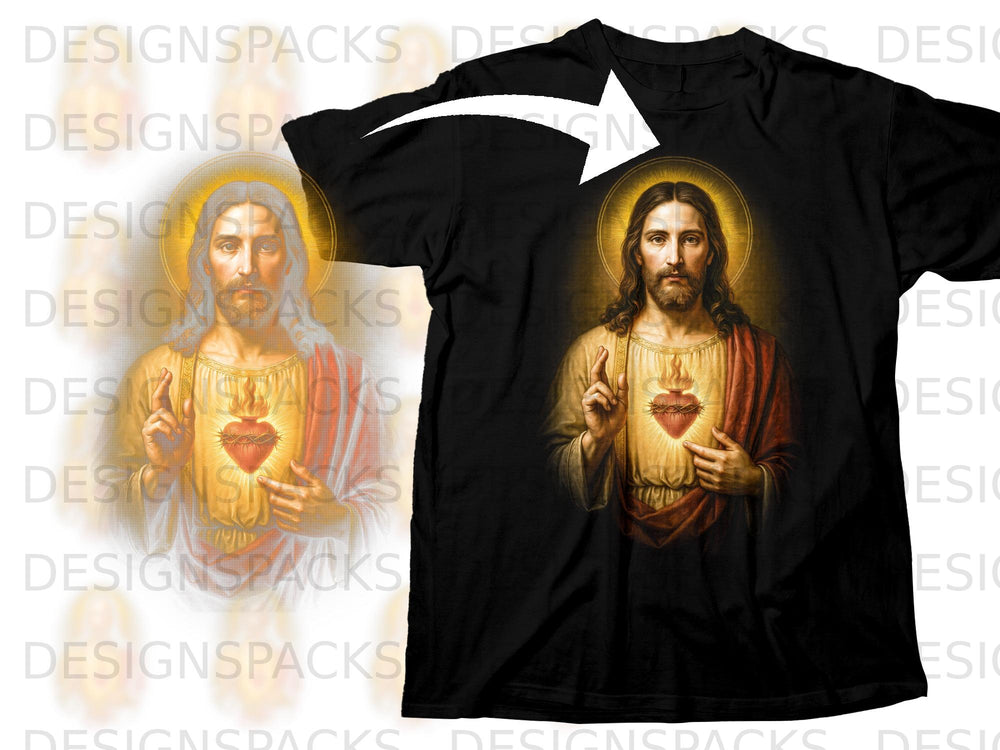 Black t-shirt featuring Sacred Heart of Jesus artwork with halo.