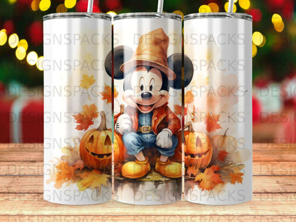 Mickey Mouse with pumpkins and fall leaves on a tumbler.