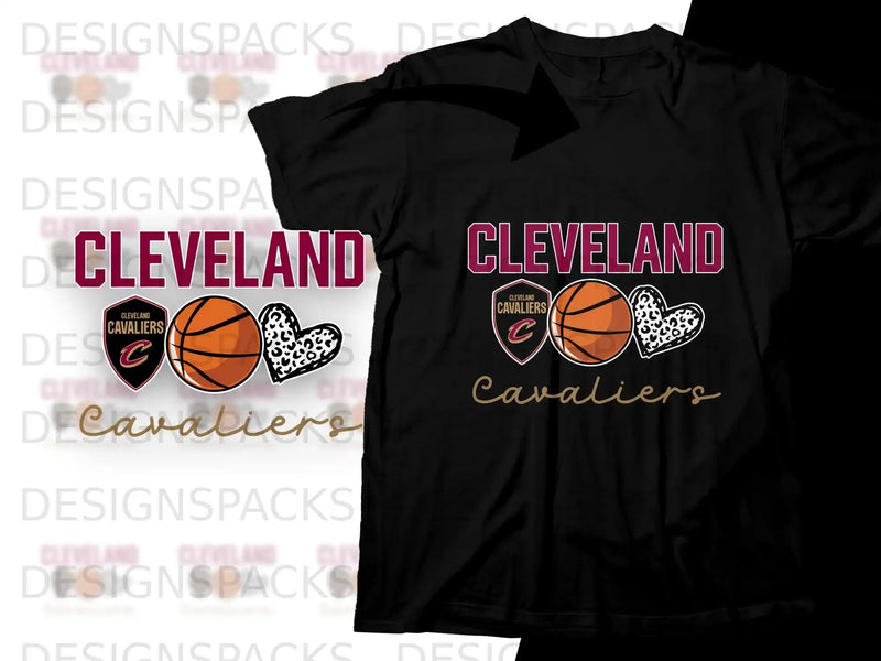 Cleveland Cavaliers logo with basketballs and heart graphic on a black t-shirt.