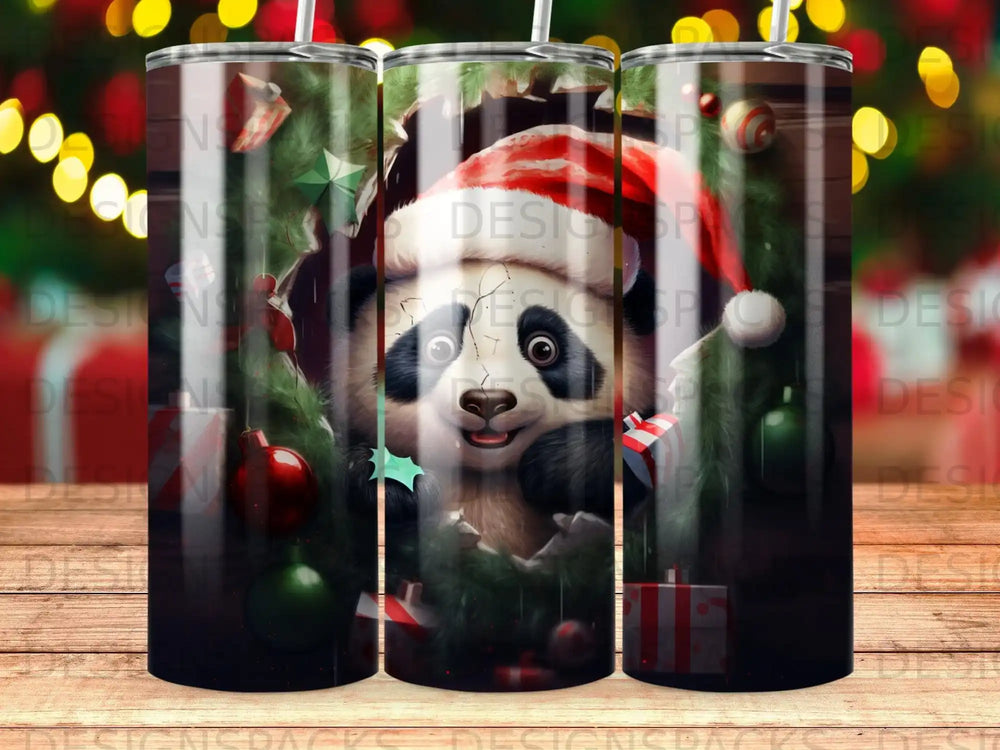 Panda wearing Santa hat breaks through Christmas wreath, holding gift.