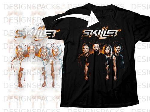 Black t-shirt with Skillet band logo and four band members printed on it.