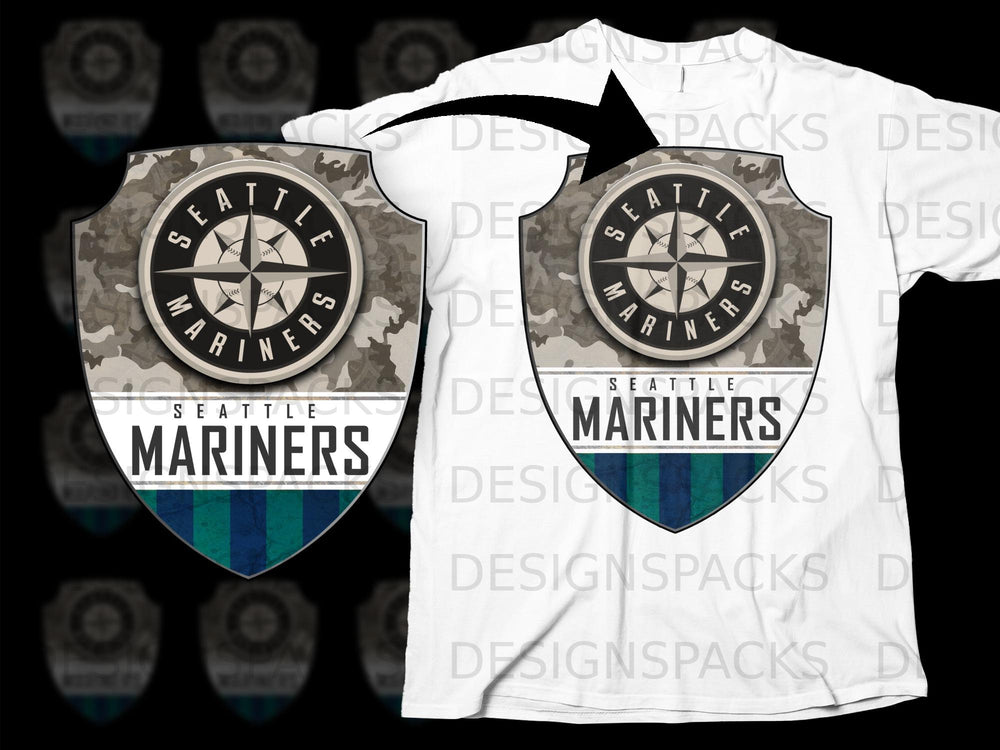 Seattle Mariners shield logo with camouflage and green and blue stripes.