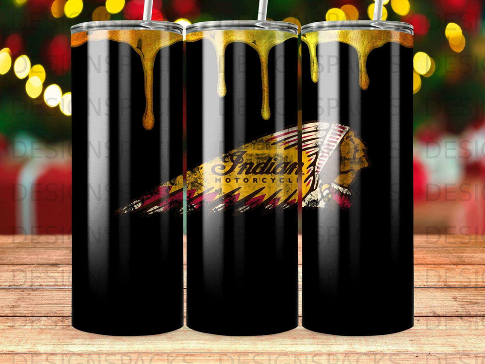 Black tumbler with dripping gold, featuring the Indian Motorcycle logo.