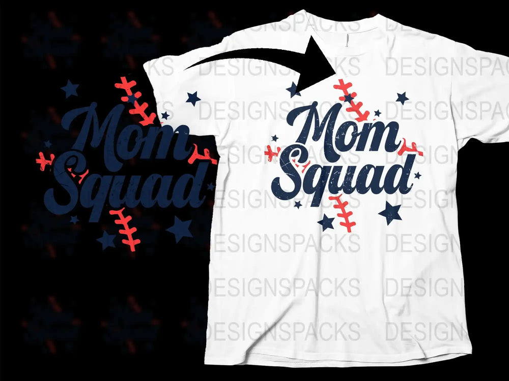 Mom Squad Baseball T-Shirt, Women's Graphic Tee, Red and Blue Stars, Parent Support Sports Apparel