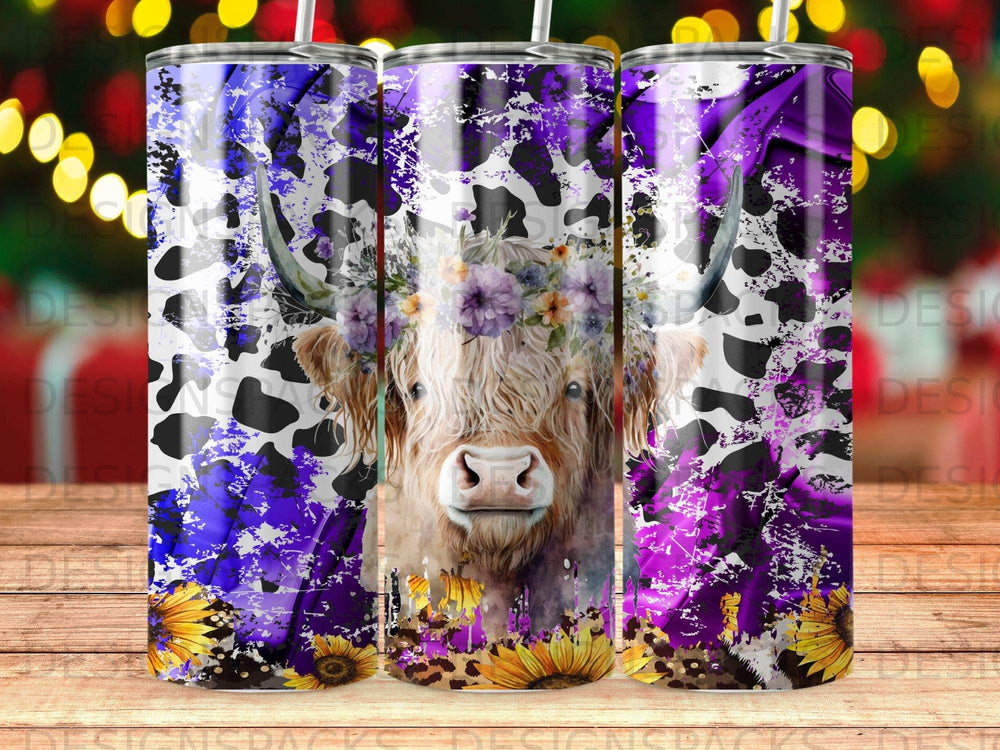 Highland cow with floral crown and sunflowers on distressed purple and black cow print background.