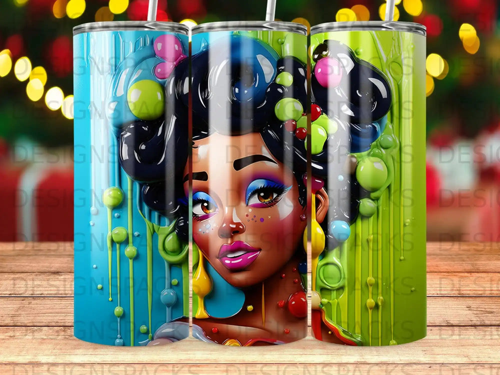 Colorful tumbler with stylized portrait of a Black woman with vibrant makeup.