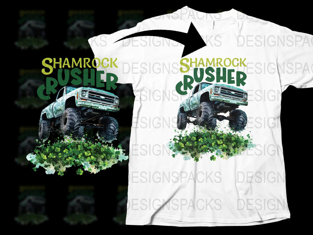 Shamrock Crusher Monster Truck Graphic T-Shirt, St. Patrick's Day White Tee, Retro Truck Design, Gift for Him