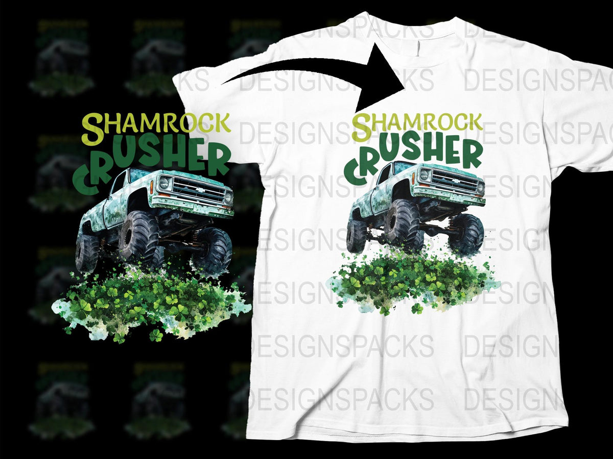 Shamrock Crusher Monster Truck Graphic T-Shirt, St. Patrick's Day White Tee, Retro Truck Design, Gift for Him