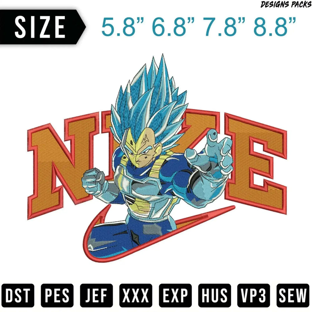 Vegeta from Dragon Ball Z wearing a blue and gold armor, in front of a NIKE logo.