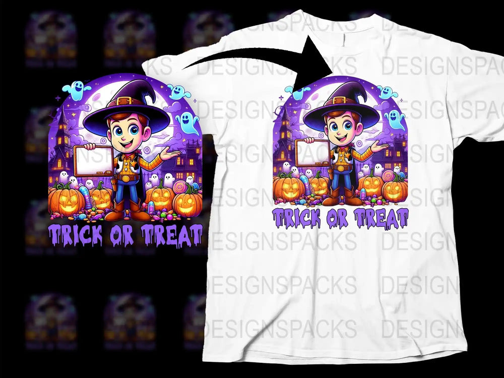 Kids Halloween T-Shirt, Cute Witch Cartoon, Trick or Treat, Pumpkin Tee, Boys and Girls Halloween Outfit