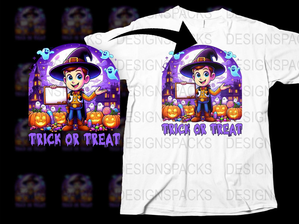 Kids Halloween T-Shirt, Cute Witch Cartoon, Trick or Treat, Pumpkin Tee, Boys and Girls Halloween Outfit
