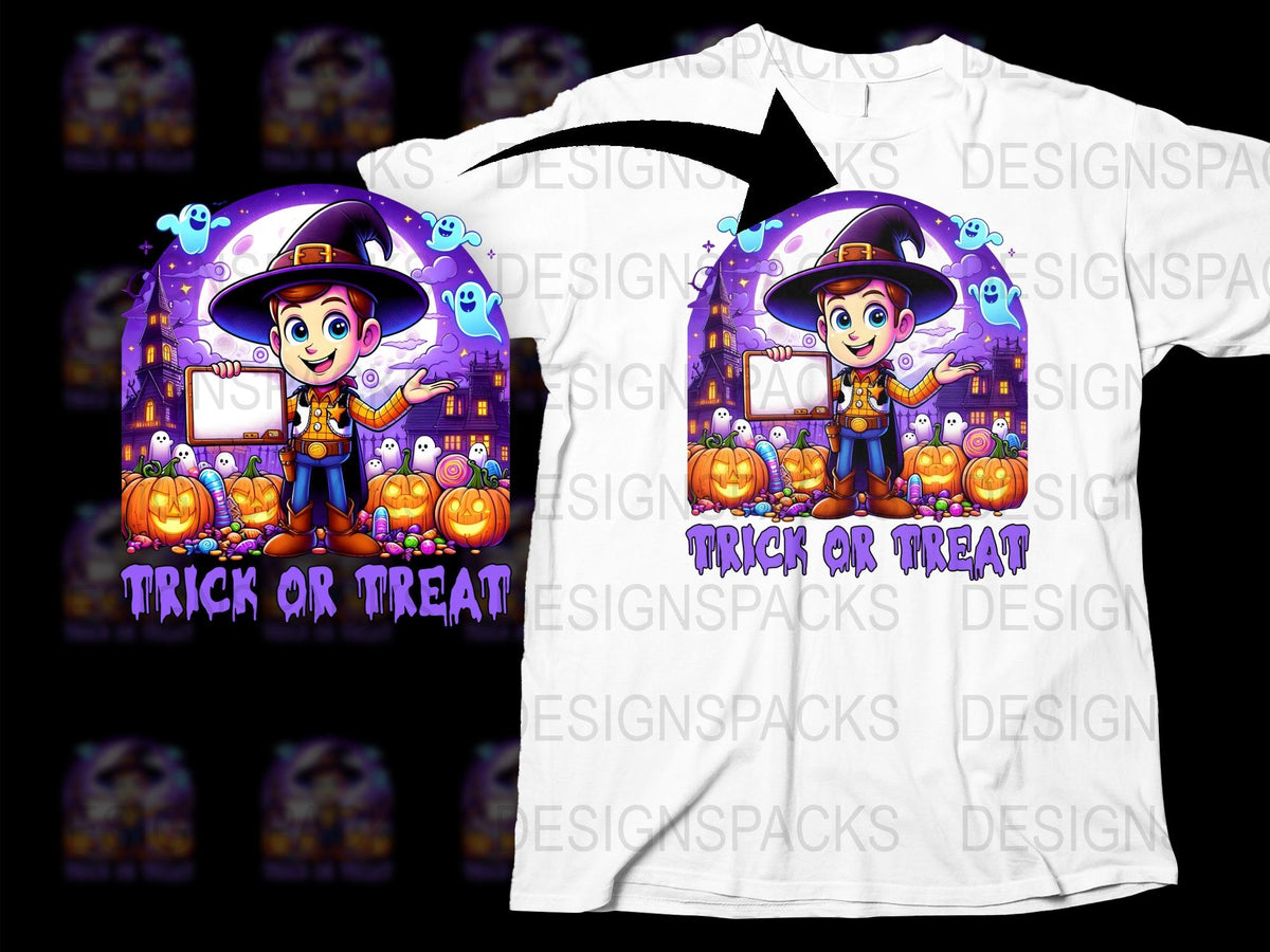 Kids Halloween T-Shirt, Cute Witch Cartoon, Trick or Treat, Pumpkin Tee, Boys and Girls Halloween Outfit
