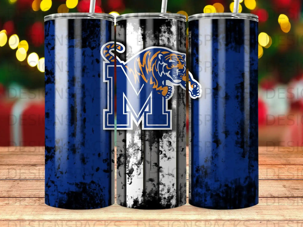 Blue and white striped tumbler with tiger logo and Memphis text.