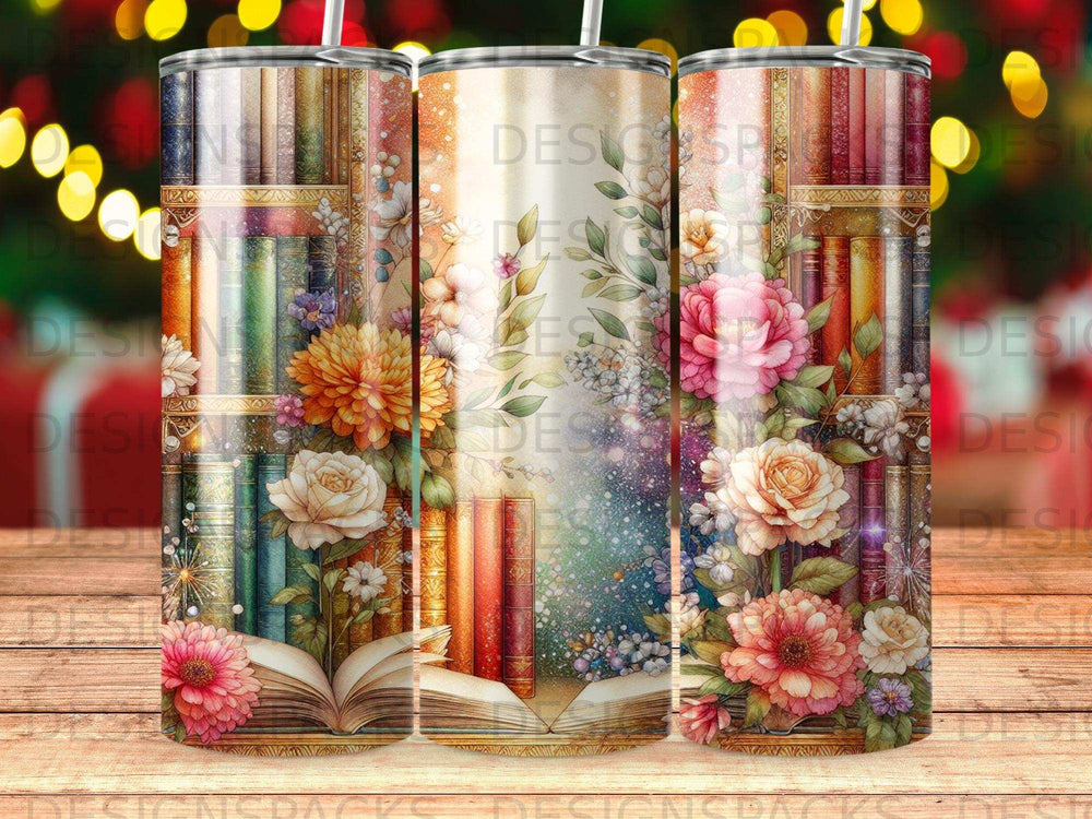 Three tumblers with floral and book illustrations, one open book with scattered pages.
