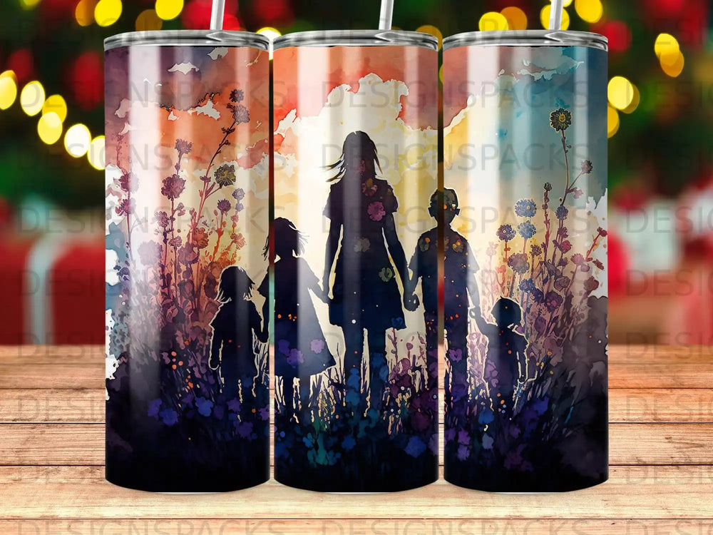Silhouetted family walking through a colorful, abstract floral landscape.