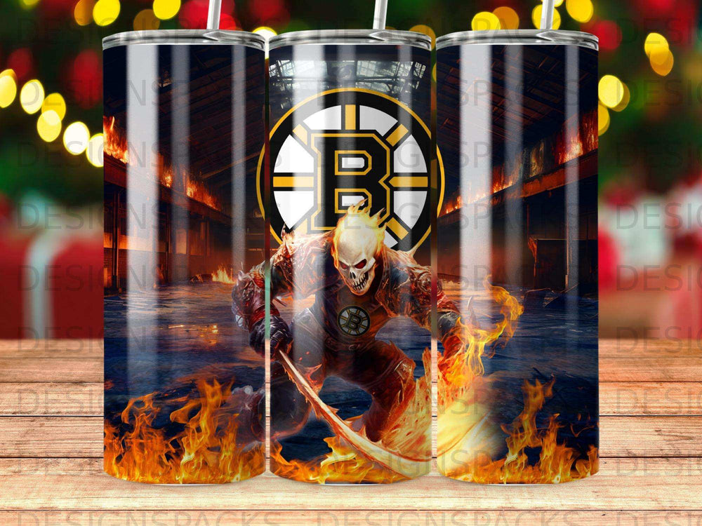 Boston Bruins skull with sword and flames, on a tumbler.