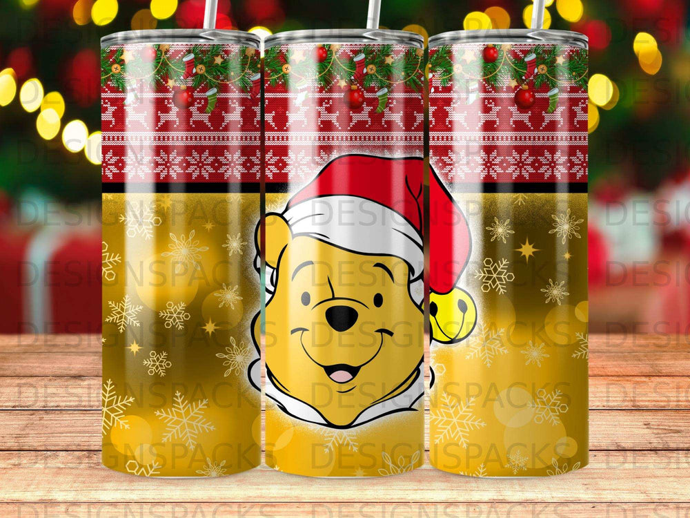 Winnie the Pooh in Santa hat on festive background with snowflakes.