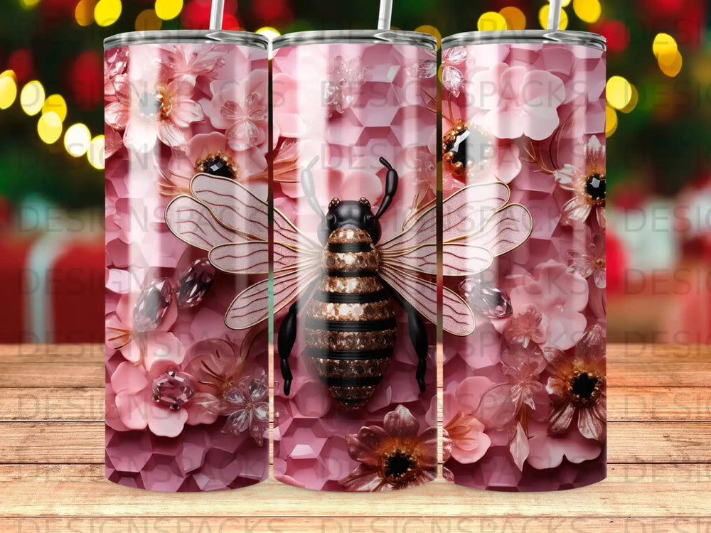 Pink floral tumbler with a realistic bee design.