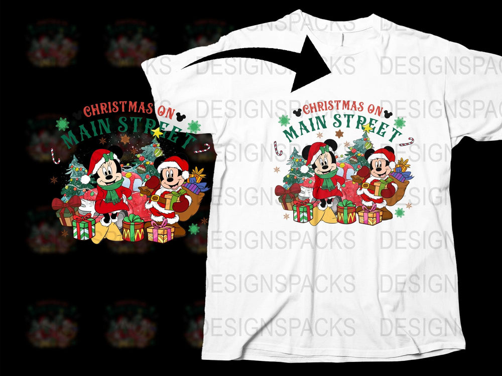 Christmas on Main Street Mickey and Minnie Holiday T-Shirt, Festive Disney Inspired Tee for Family