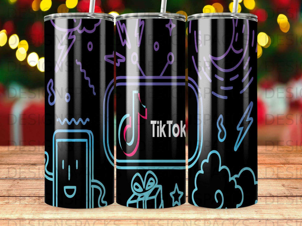 TikTok logo with cartoon characters, lightning bolts, and gift boxes on a black background.
