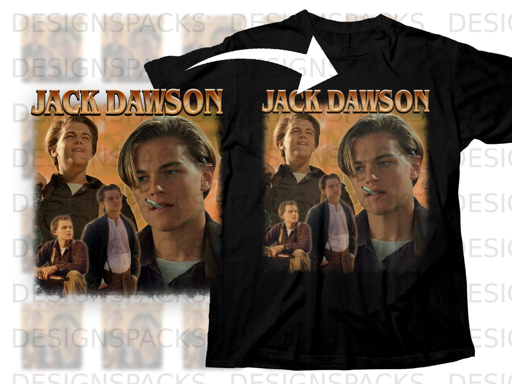 Black t-shirt featuring collage of young Leonardo DiCaprio as Jack Dawson.