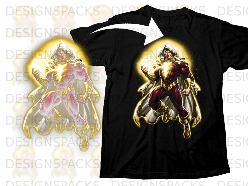 Black t-shirt with a graphic of Shazam wielding glowing energy.