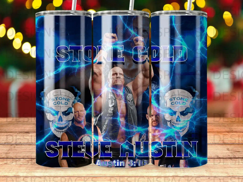 Stone Cold Steve Austin tumbler with skulls and lightning effects.