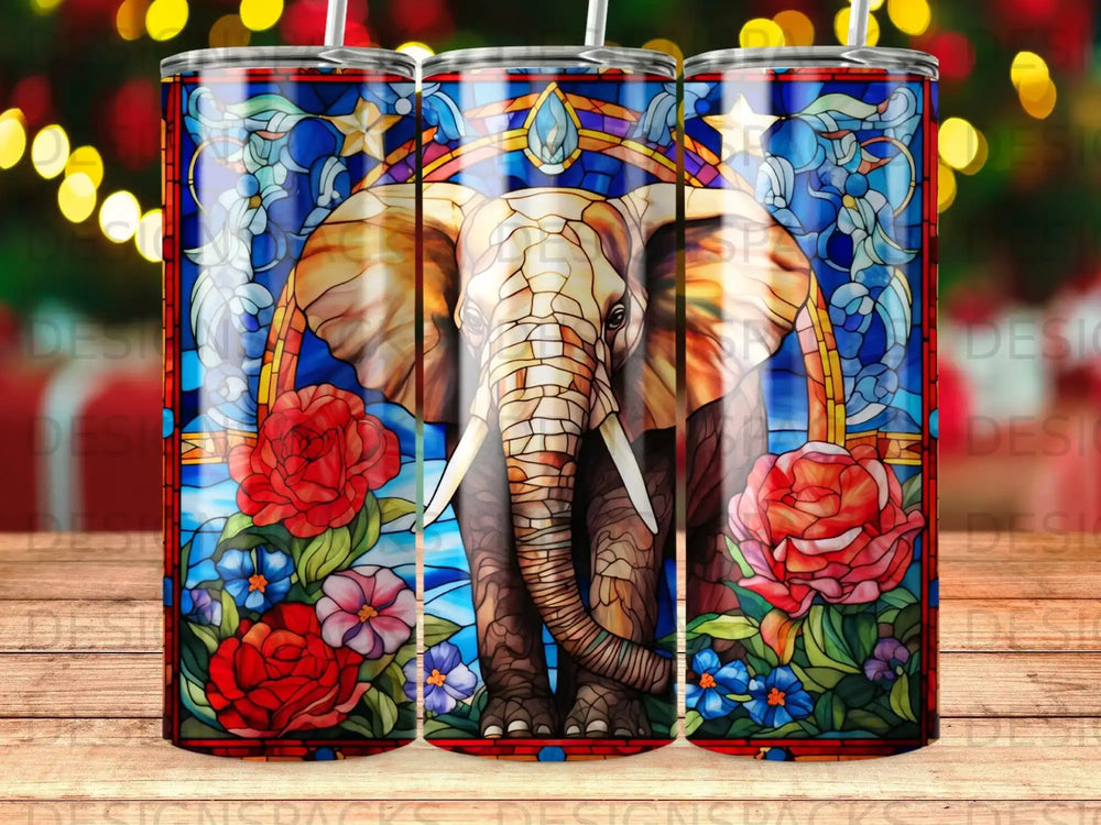 Stained glass elephant with floral border and arched top.