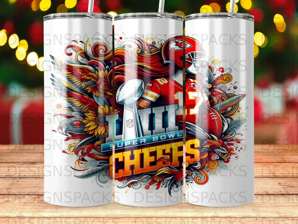 Kansas City Chiefs Super Bowl themed tumbler with football and floral elements.