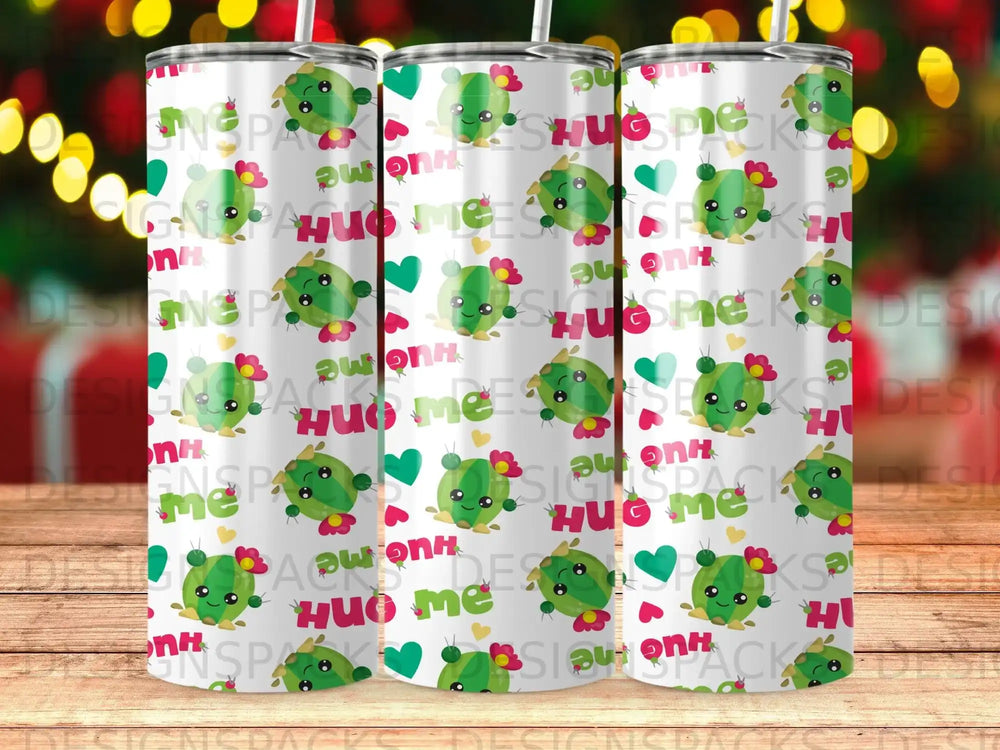 Green cactus wearing sunglasses with "HUG ME" text, repeating pattern.