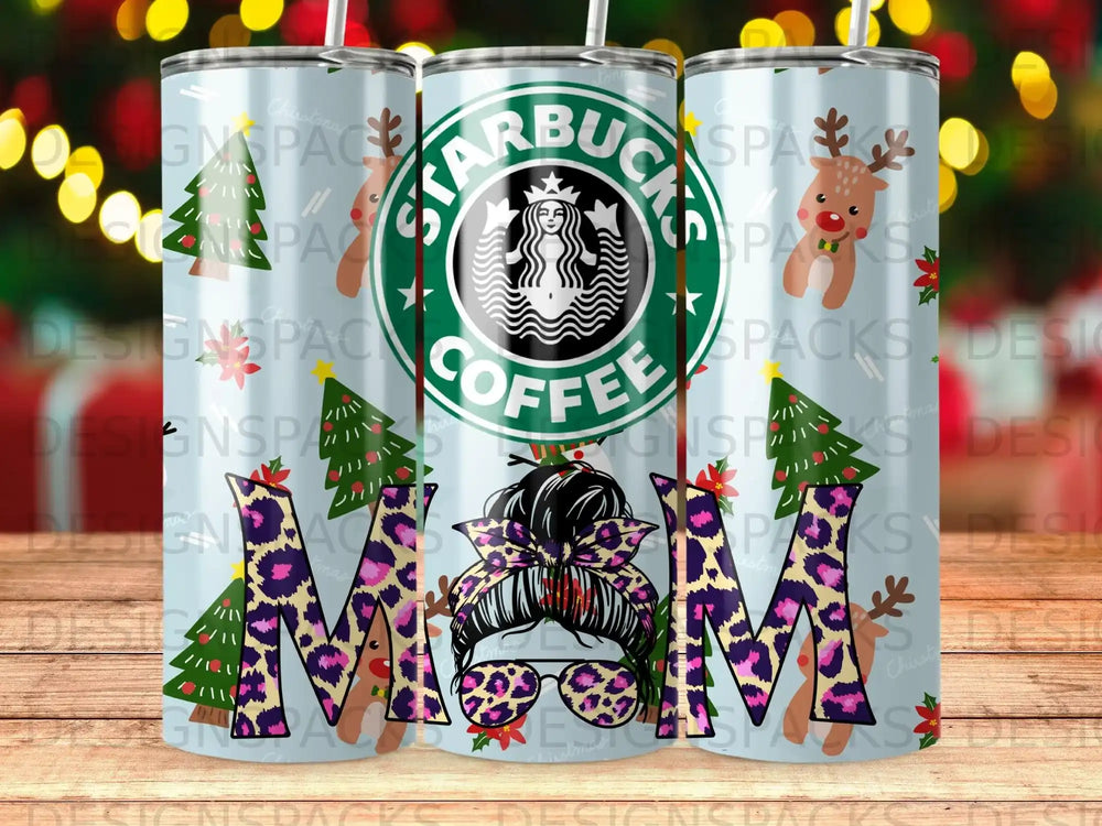 Starbucks Christmas design with "MOM" in leopard print and festive elements.